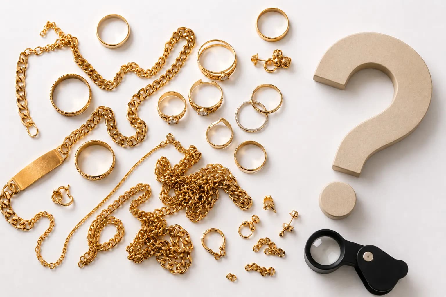 An assortment of gold jewelry, rings, and chains beside a question mark and a jeweler's loupe.