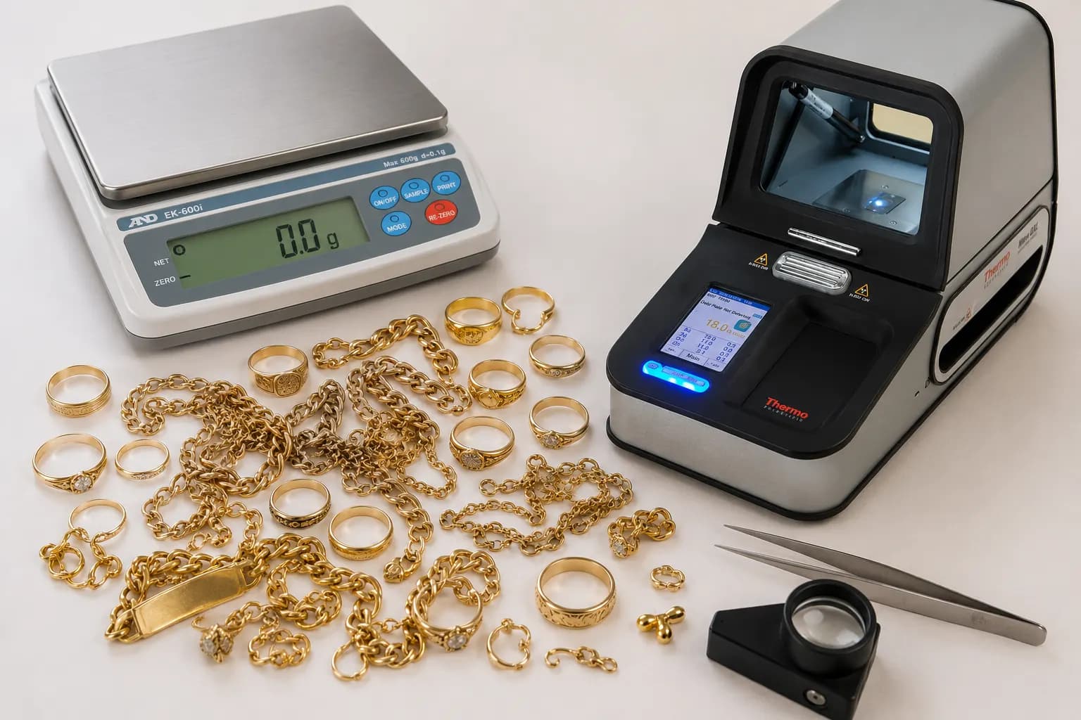 Professional gold-buying equipment: a precision gram scale and a Thermo precious-metal analyzer beside an assortment of gold rings, chains, and bracelets, with a jeweler's loupe and tweezers.