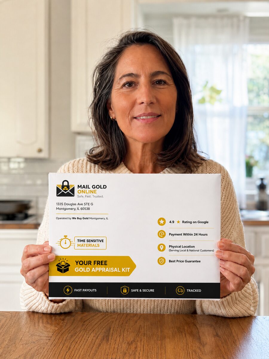 Customer holding a MailGoldOnline free gold appraisal kit at home.
