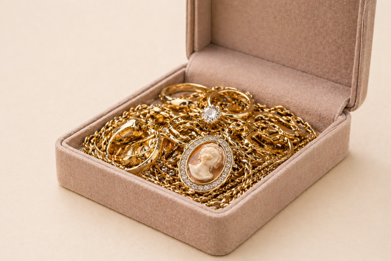 A gathered collection of inherited gold jewelry including rings, chains, and pendants.